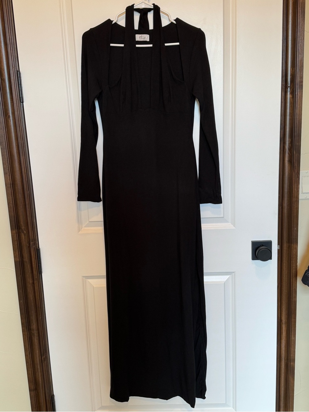 Oh Polly Long Sleeve Modal Black Maxi Deep Plunge Halter Side Split Sz 10
